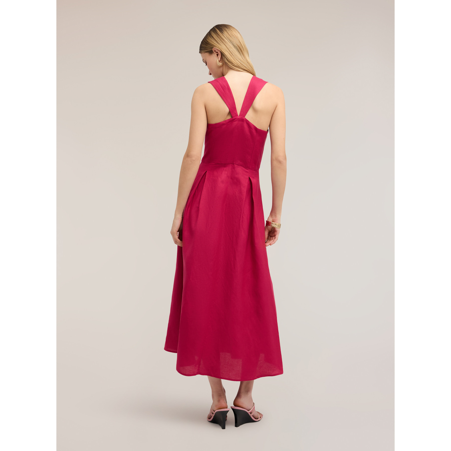 Motivi - Vestito con scollo quadrato in misto lino - Fucsia