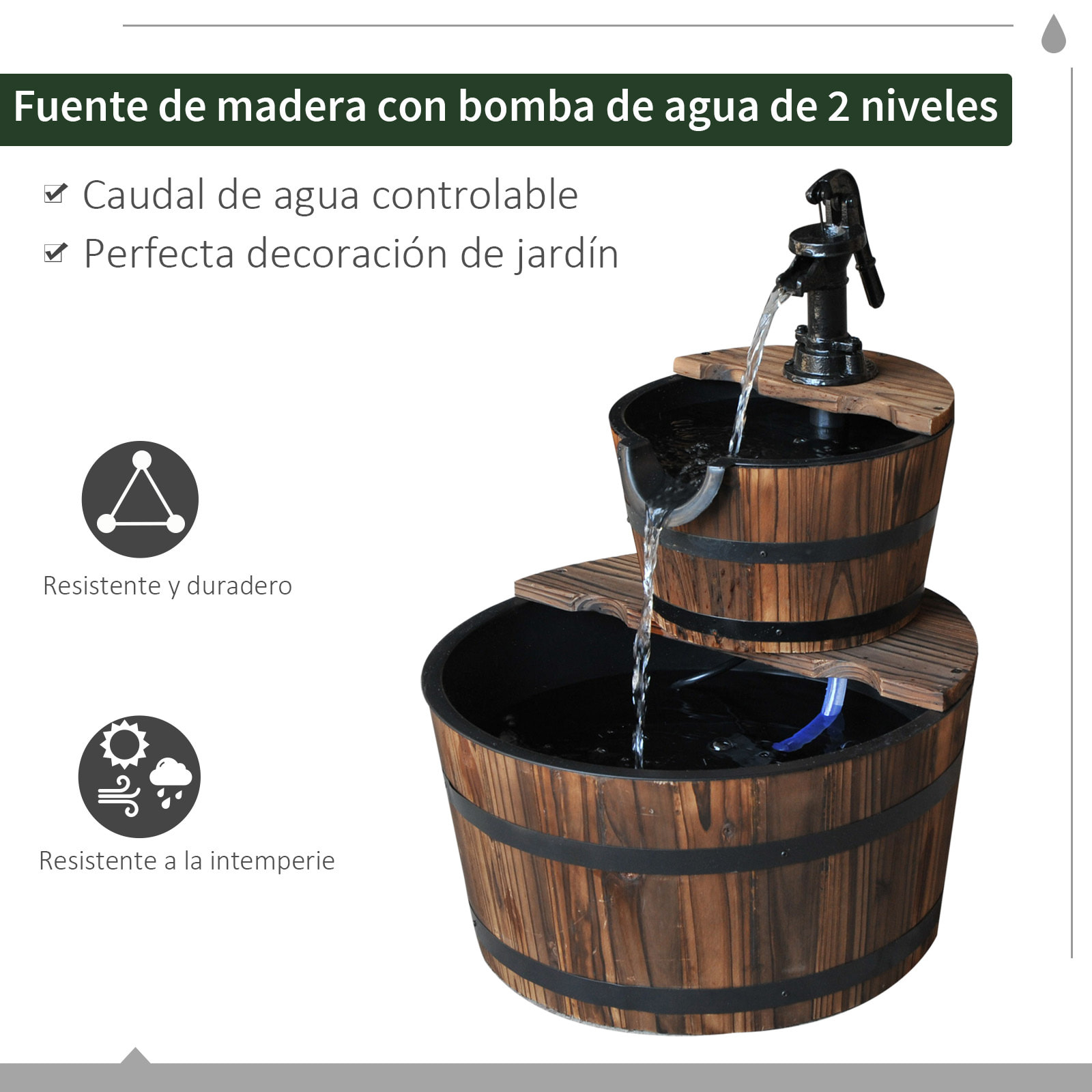 Fuente de Agua de Madera Fuente de Jardín en Cascada de 2 Niveles con Bomba Eléctrica y Salida de Agua Ajustable para Decoración Patio Terraza 44,5x44,5x58,5 cm Natural