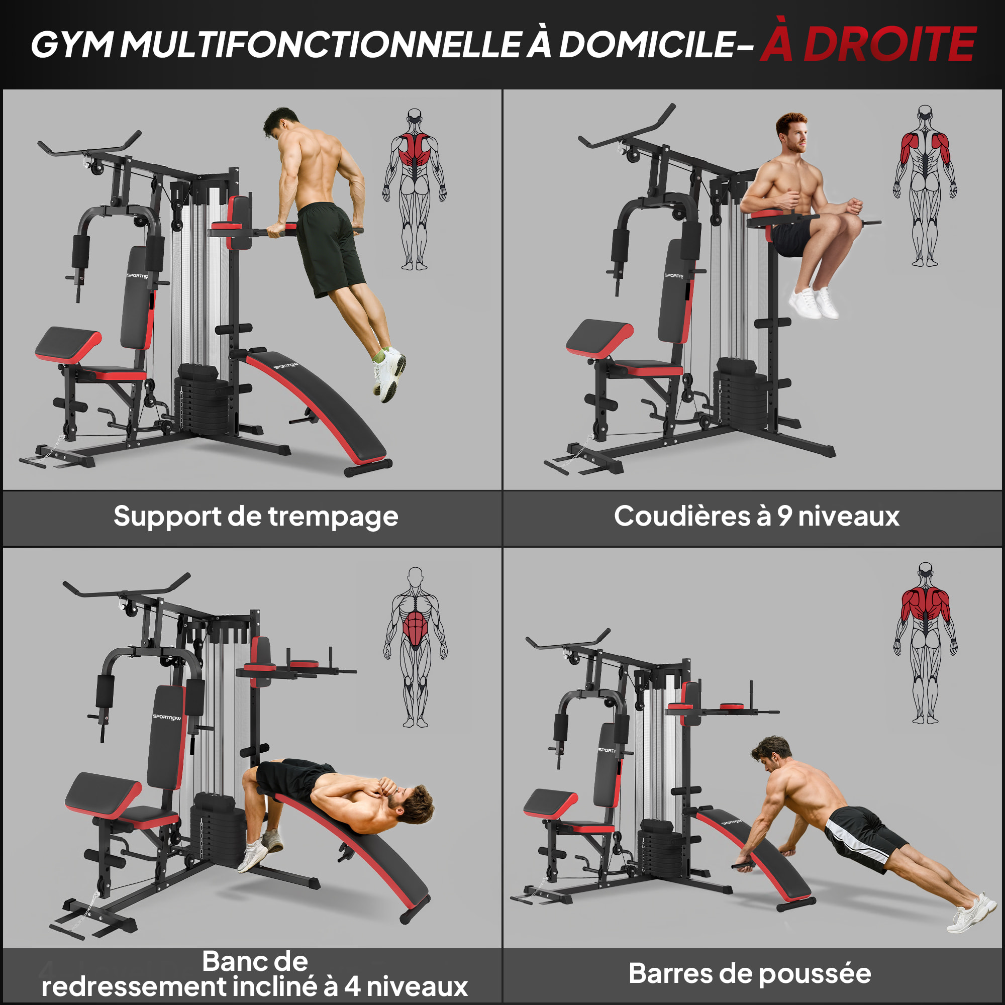 Station de musculation - banc, développé couché, butterfly, barre latissimus et traction, curler, bande résistance, 10 contrepoids - acier noir rouge