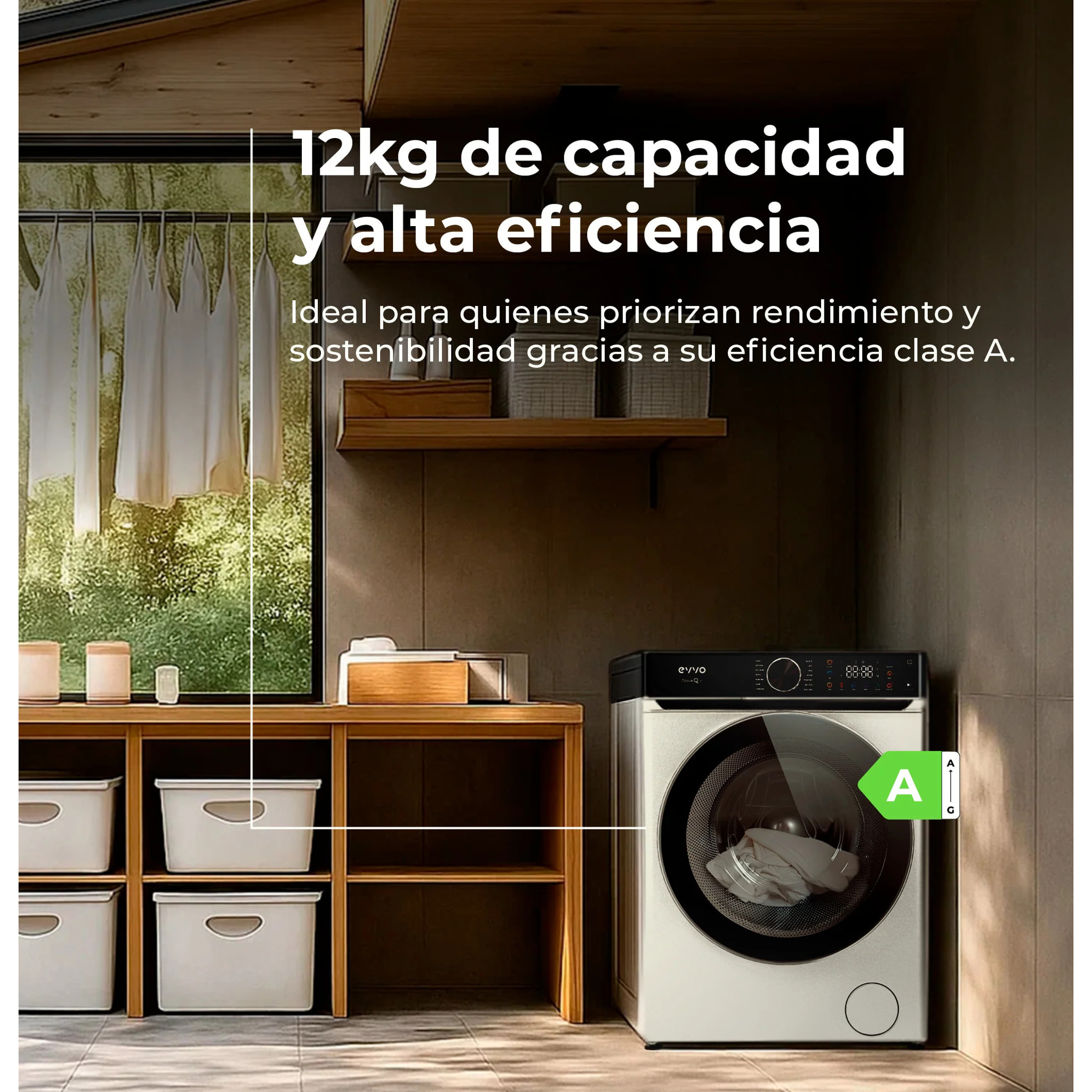 EVVO Lavadora 12 kg Nova Q12, 1400 rpm, Clase A, Motor Inverter eDRIVE, 14 programas, vapor Steam Wash, lavado rápido 15', blanca.