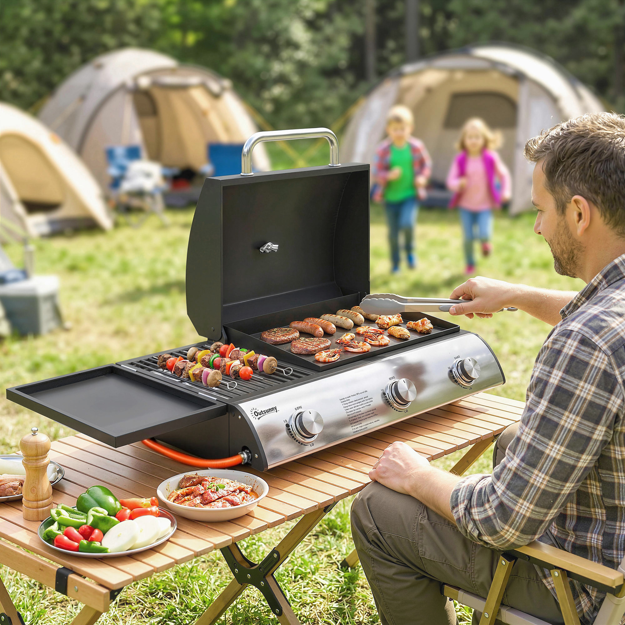 Barbecue à gaz de table combiné gril et plancha avec couvercle et thermomètre