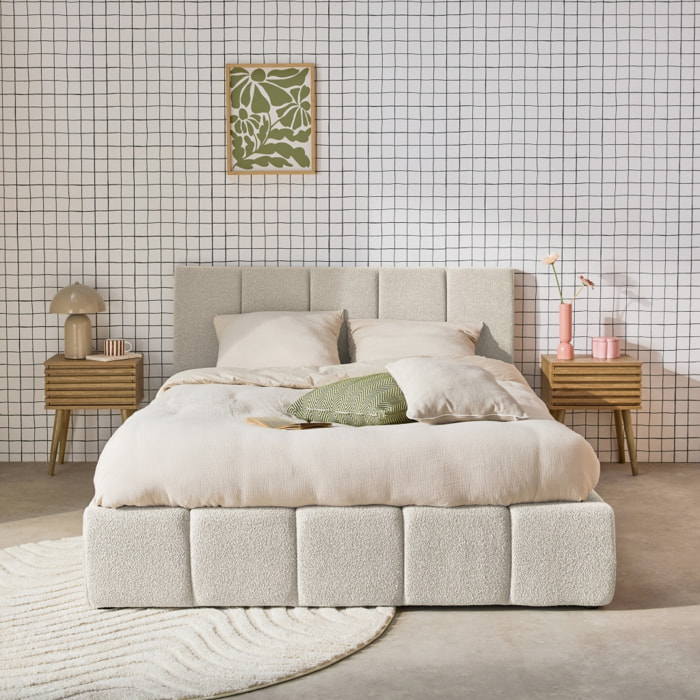 Lit coffre double avec sommier à lattes et tête de lit blanc finition bouclette texturée 140x190cm- Lex