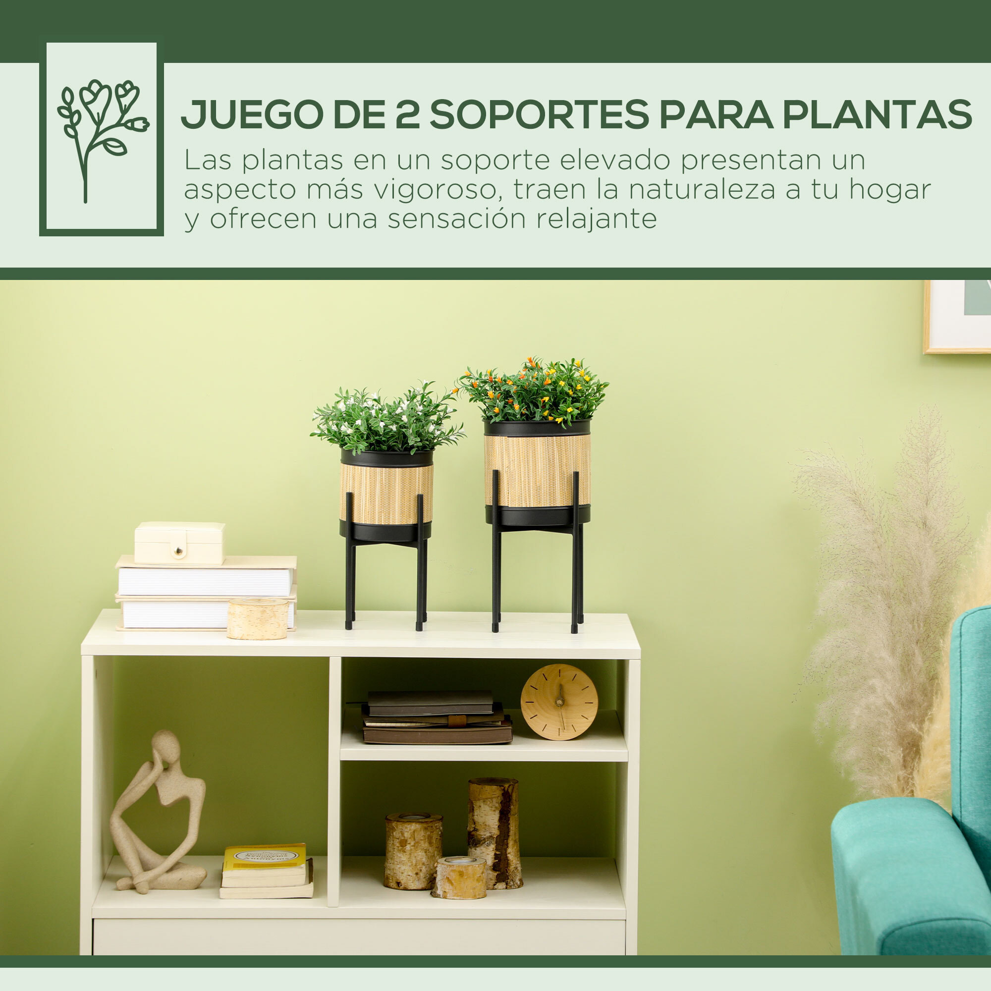 Juego de 2 Soportes para Plantas de Metal Cubierta de Totora Soportes para Macetas Maceteros Redondos para Salón Cocina Dormitorio Ø16x30 cm y Ø14x25,5 cm Negro