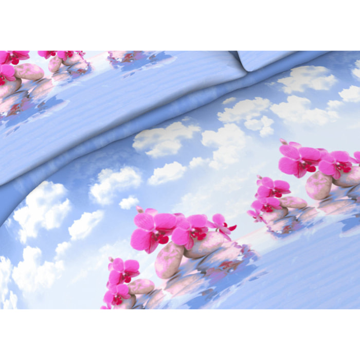 Completo Lenzuola 100% Cotone Floral Cloud Azzurro CN Misura Letto Matrimoniale