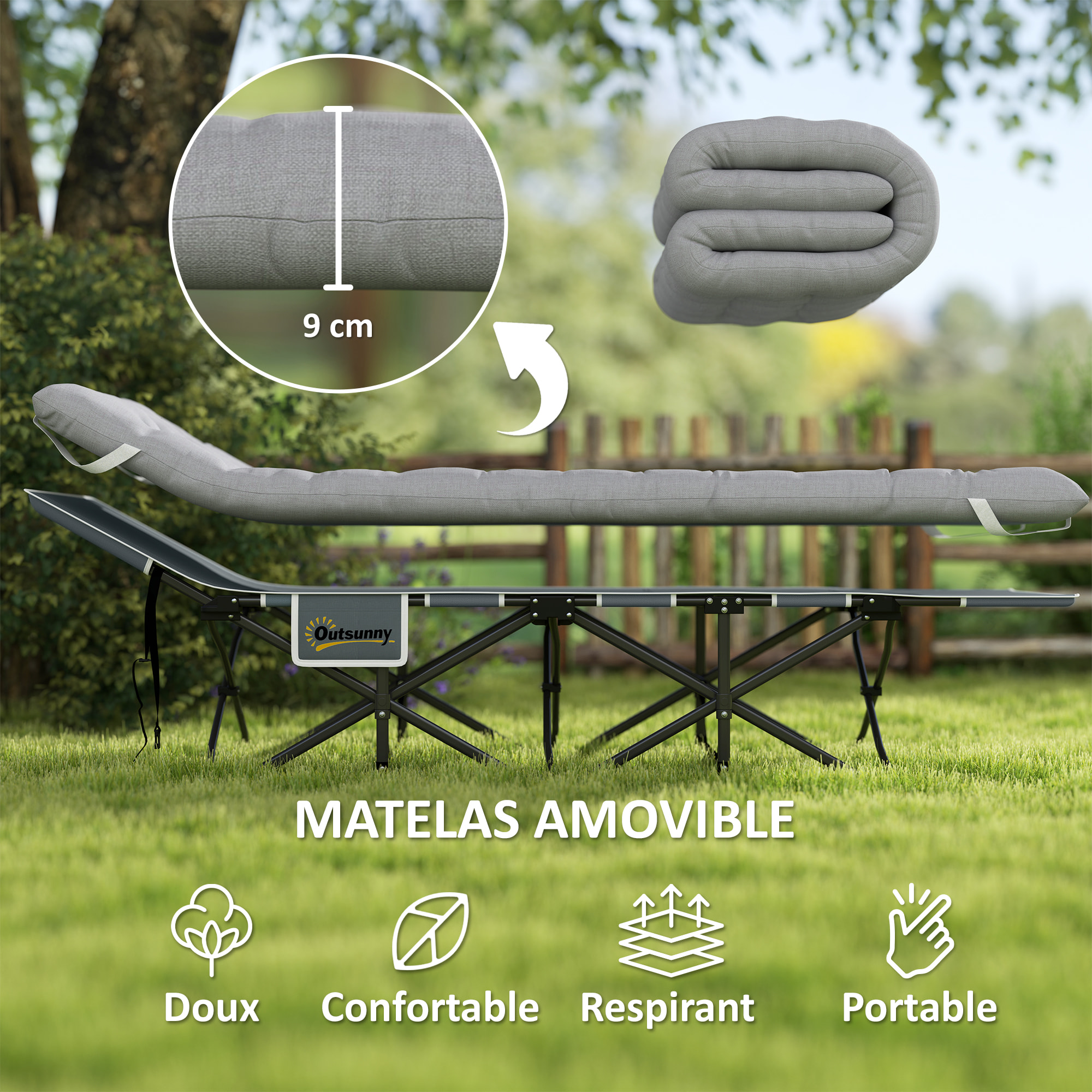 Lit de camping pliable - matelas, pochette latérale sac intégré - métal tissu Oxford - 185 x 68 x 37 cm - gris clair