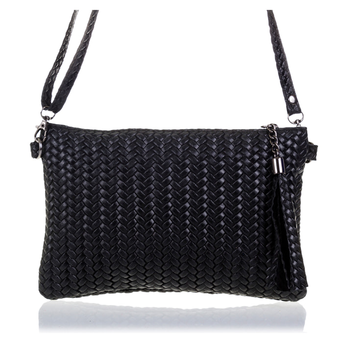 FIRENZE ARTEGIANI Borsa a Spalla da Donna Oleggio. Vera Pelle Scamosciata Incisa Spina di Pesce Made in Italy 23x4x15 Cm. Colore nero