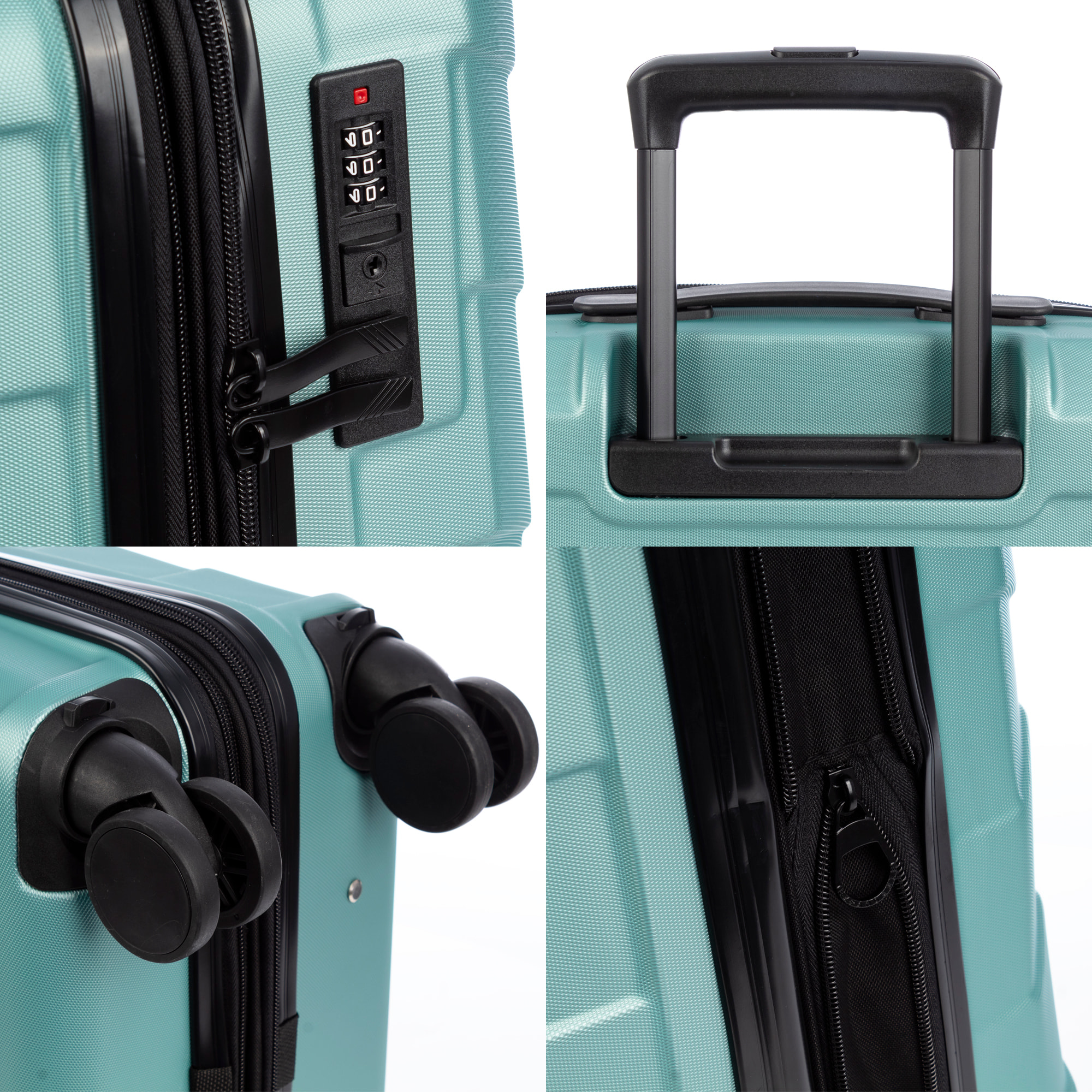 Set di 4 valigie Trolley espandibili, in materiale leggero ABS ad alta resistenza. Chiusura numerica, 4 ruote doppie girevoli a 360°.