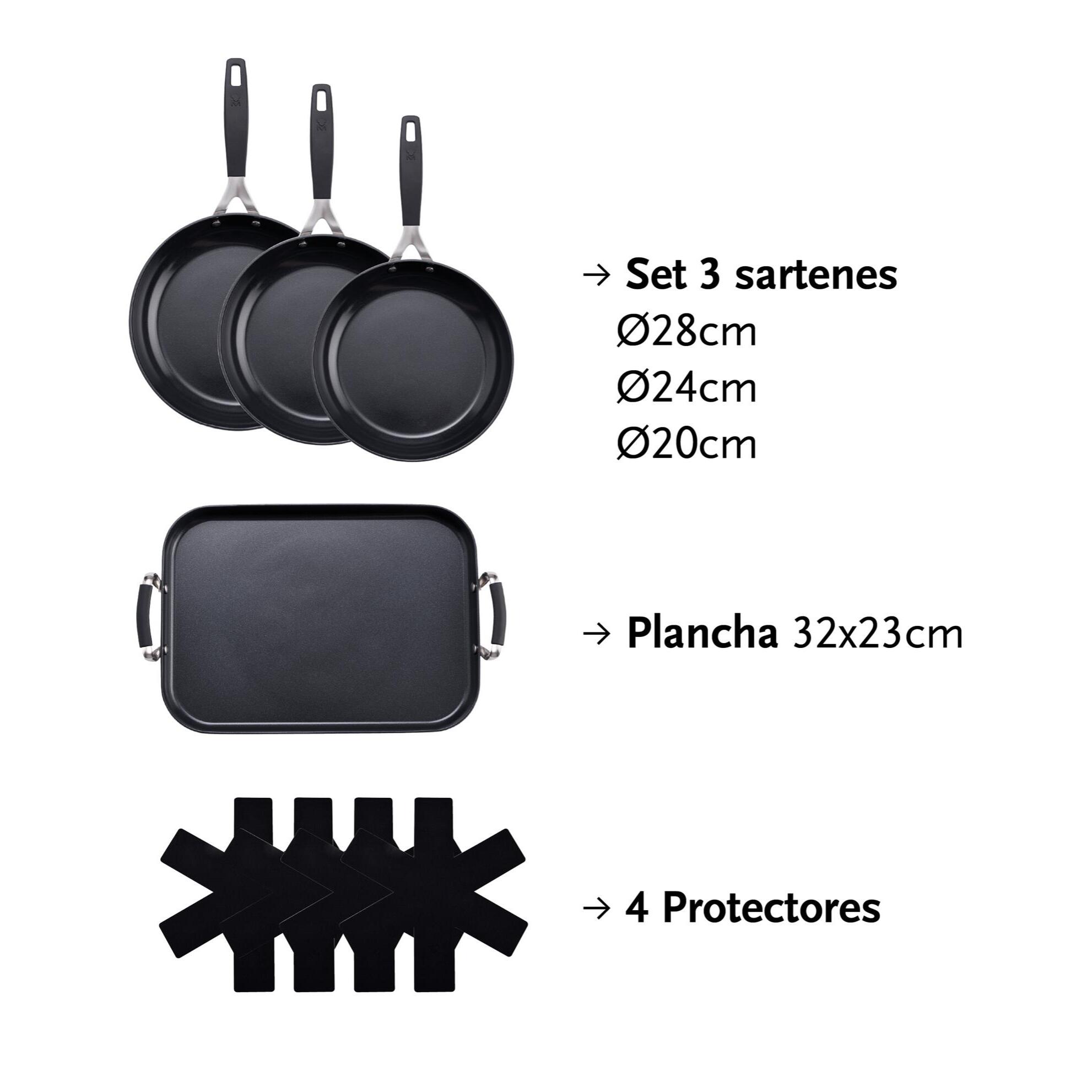 Juego de 3 sartenes ø20ø24ø28cm y plancha grill 32x23cm + 4 protectores en aluminio forjado antiadherentes masterpro