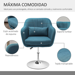 Butaca de Salón Giratoria 360° con Ruedas Silla de Oficina Cocina Peluquería con Altura Ajustable Respaldo Envolvente Reposabrazos y Cojín 60x60x79-91 cm Azul