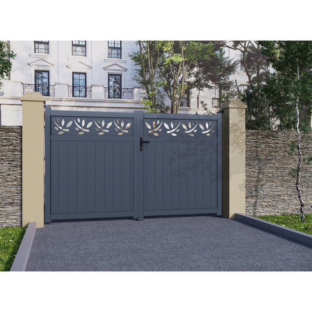Portail aluminium semi-ajouré à motif "Maya" - 340 x 180 cm - Gris