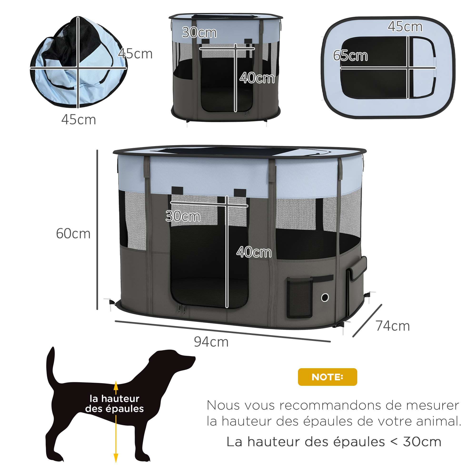 Parc pour chien pliable dim. 94L x 74l x 60H cm tissu Oxford gris noir