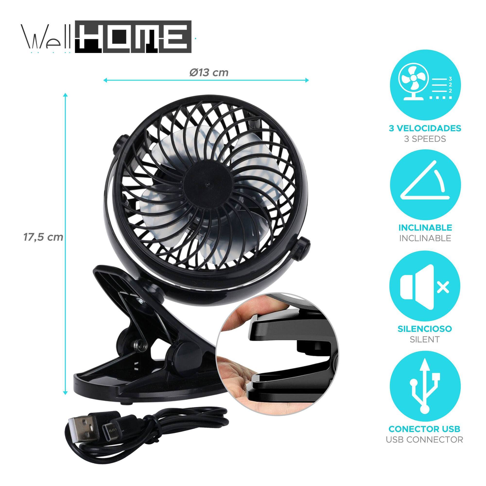 Ventilador con clip, 3 velocidades, batería 1200mAh, negro