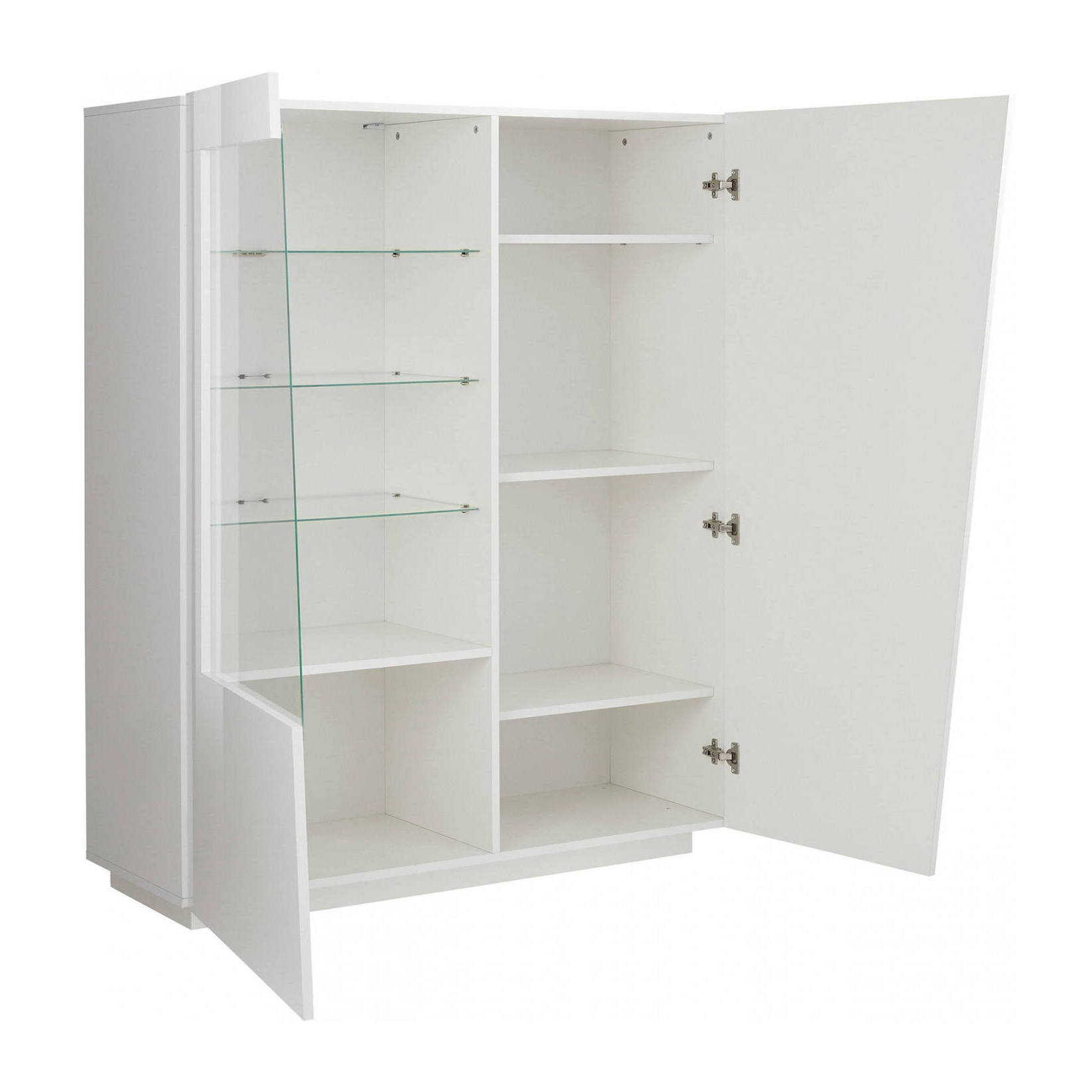 Vetrina moderna con anta a vetro, Made in Italy, con luce LED bianca, Credenza con ripiani, Vetrinetta da soggiorno, cm 120x43h146, colore Bianco lucido