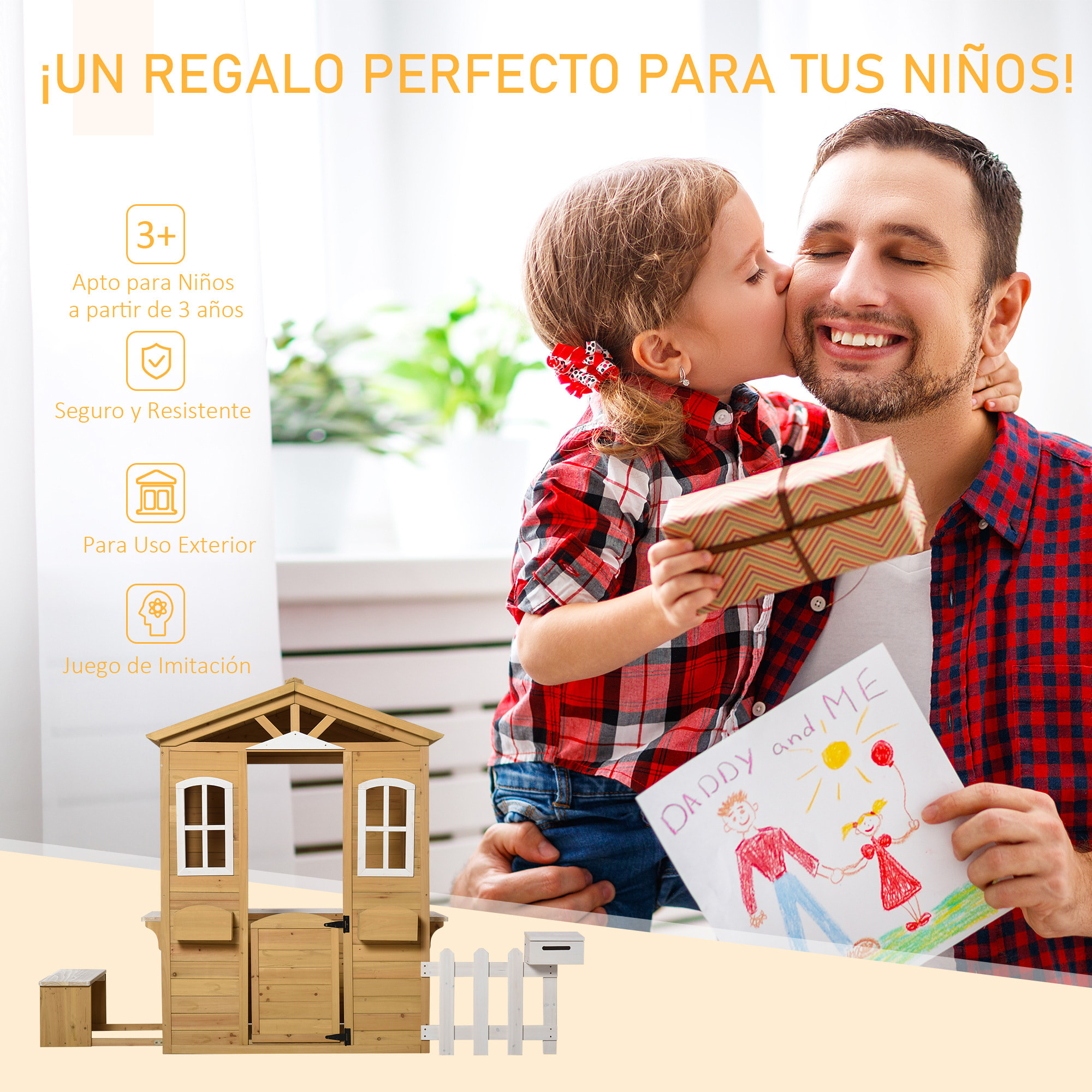 Casita Infantil de Exterior de Madera 204x107x140cm +3 Años Madera Natural