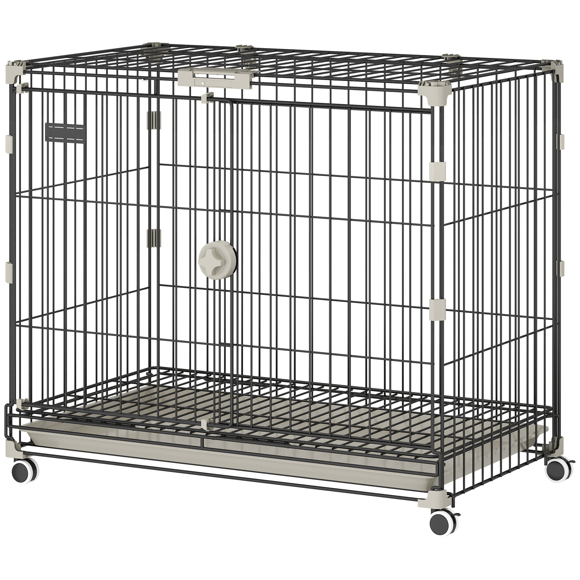 Cage pour Chien Pliable, Plateau Amovible, Roues avec Freins, Toit Ouvrant Verrouillable, Porte de Nourrissage, Niche Chien Interieur pour Petits et Moyens Chiens, 75,5x46x64,5cm, Noir
