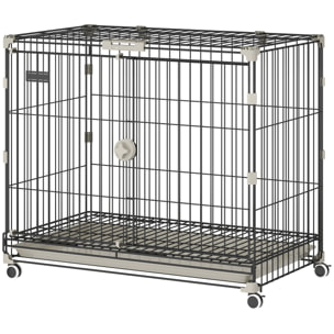Cage pour Chien Pliable, Plateau Amovible, Roues avec Freins, Toit Ouvrant Verrouillable, Porte de Nourrissage, Niche Chien Interieur pour Petits et Moyens Chiens, 75,5x46x64,5cm, Noir