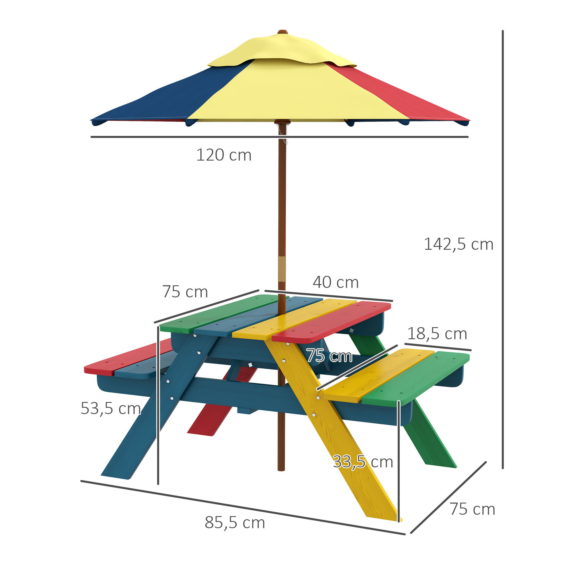Mesa de Picnic para Niños de Madera Mesa y 2 Bancos Infantiles con Sombrilla Extraíble para Jardín Patio 85,5x75x142,5 cm Multicolor