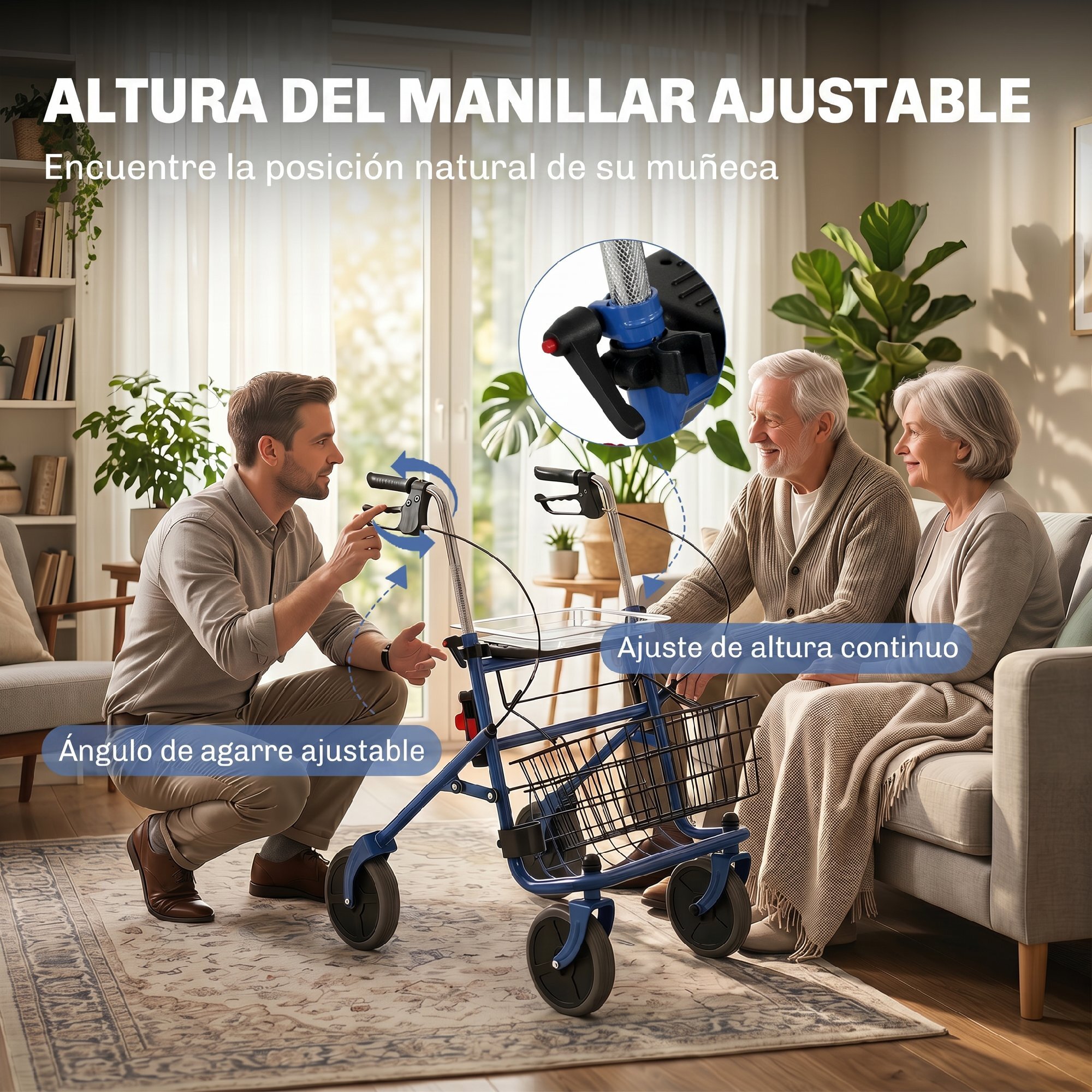 Andador para Ancianos Plegable, Andadores Adultos para Personas Mayores con Asiento y 4 Ruedas Altura Ajustable Frenos de Maneta Cesta Bandeja y Porta Bastón Azul