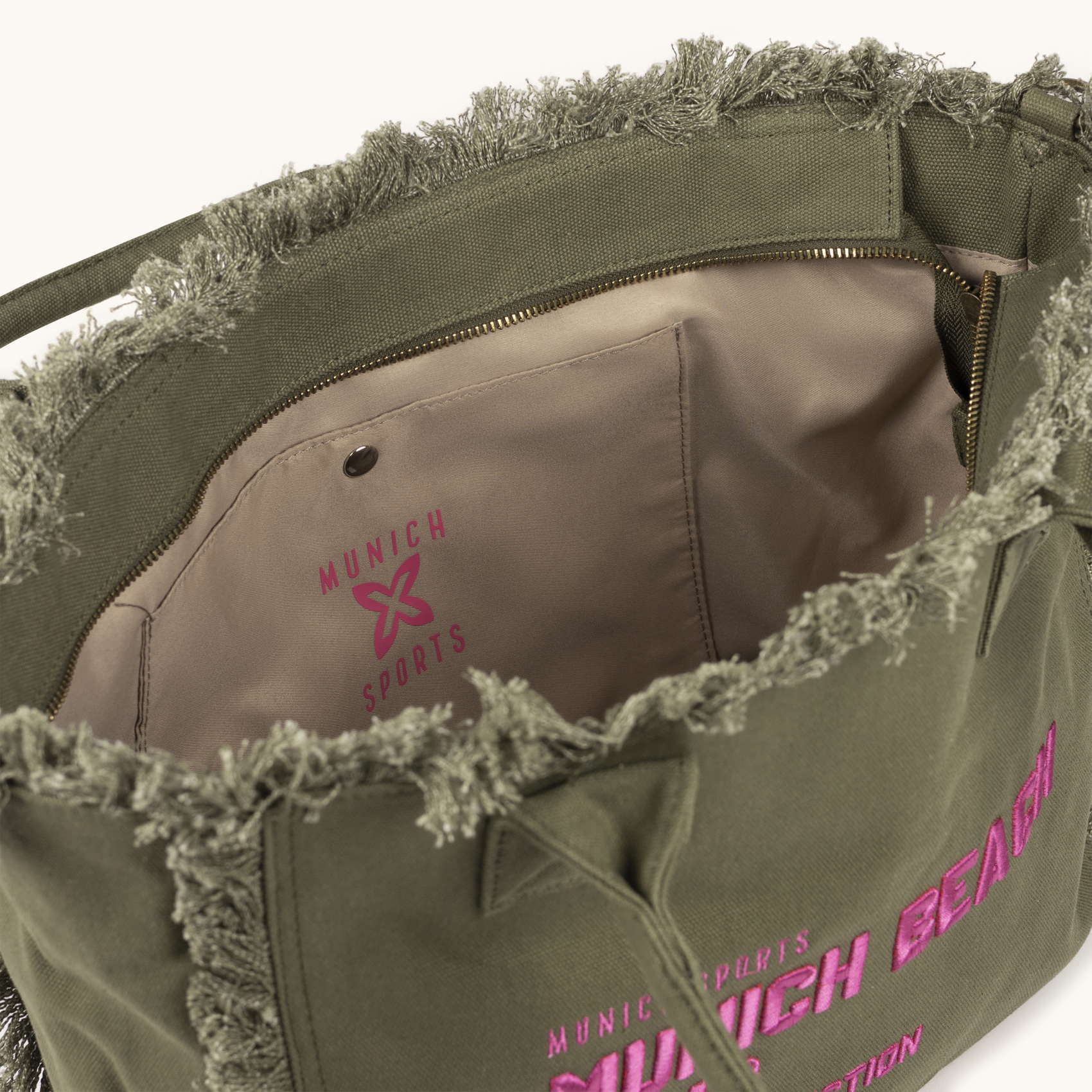 Bolso Shopper Caqui de Algodón Reciclado con Flecos y Bordado Rosa SCUBA KHAKI SHOPPER