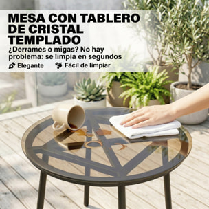 Conjunto de Jardín Exterior de 3 Piezas, Muebles Jardín Exterior de Ratán PE, 2 Sillas con Cojines Suaves y Mesa de Vidrio Templado, Resistente a la Intemperie, para Balcón, Patio, Caqui