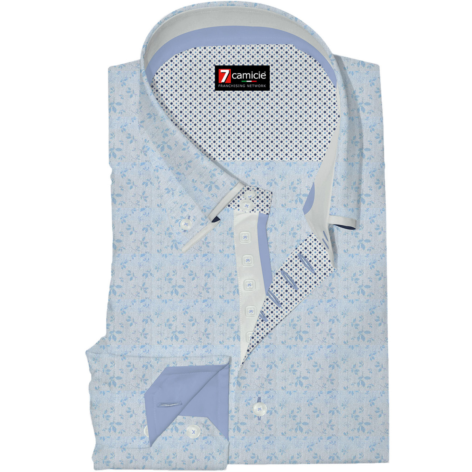 Camicia Uomo 2 Bottoni Button Down 7bottoni Doppio Coll Twill Fantasia Celeste/Celeste