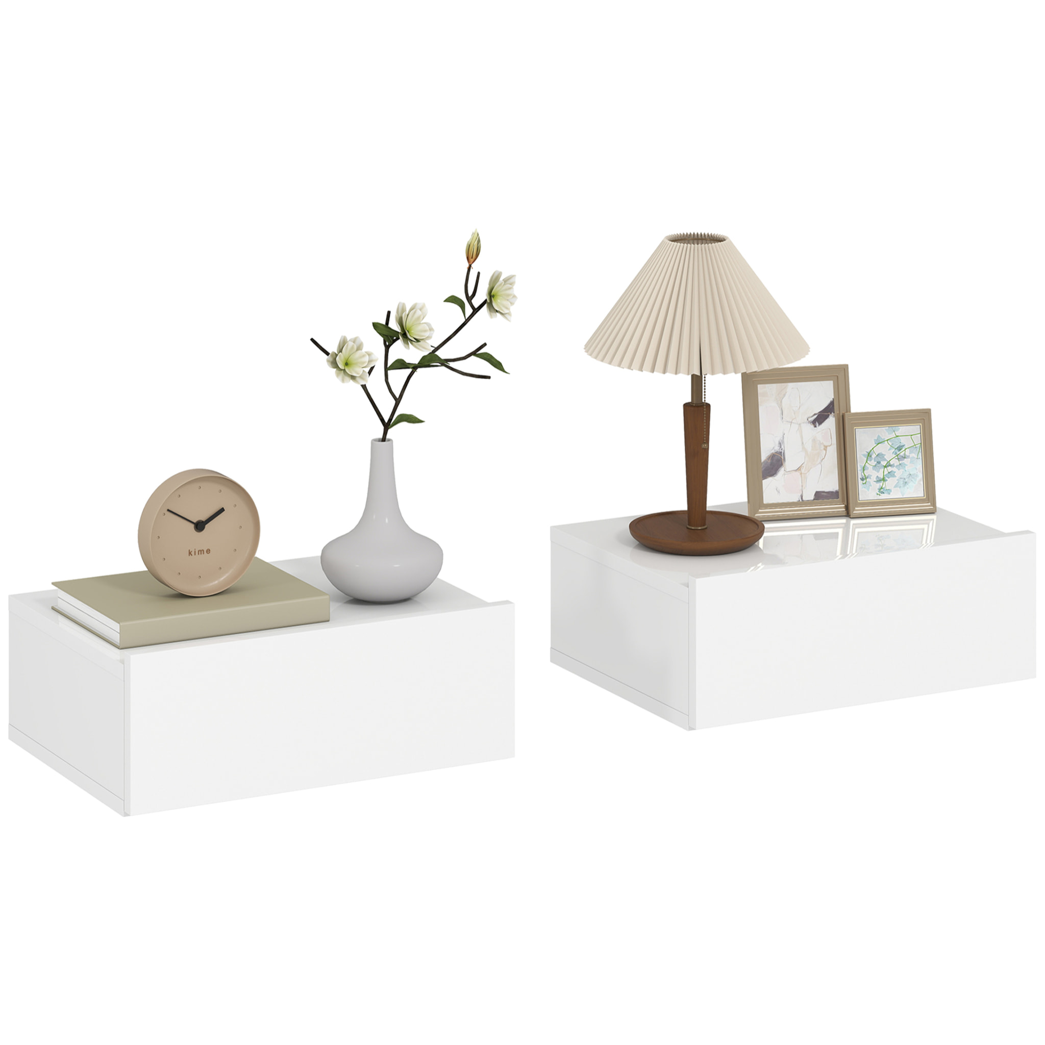 Juego de 2 Mesitas de Noche Flotantes con Cajón, Mesillas de Noche Dormitorio, Montado en la Pared, Estilo Moderno, para Sala de Estar, 40x30x15 cm, Blanco Brillo