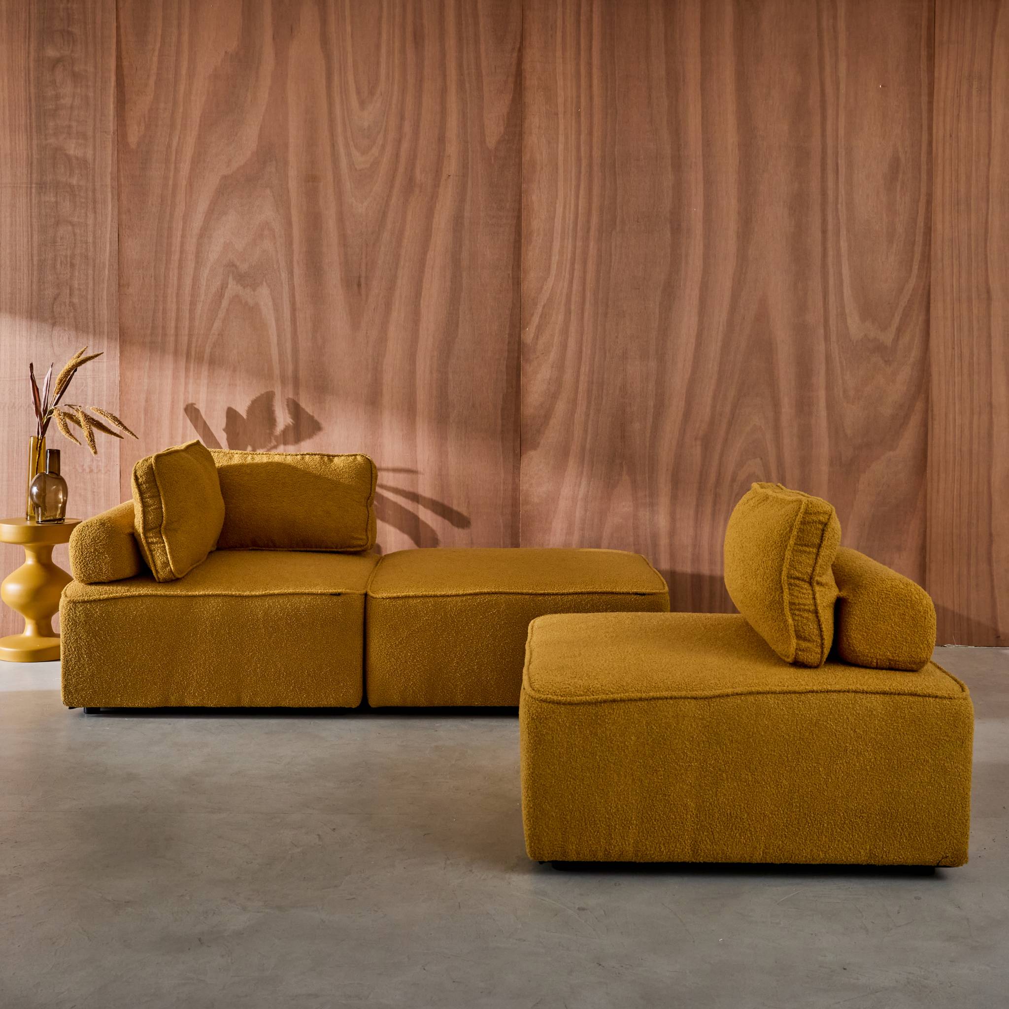 Lot de 3 chauffeuses pour canapé modulable tissu bouclette moutarde 1 place Bao. L 90 x P 90 x H 74cm