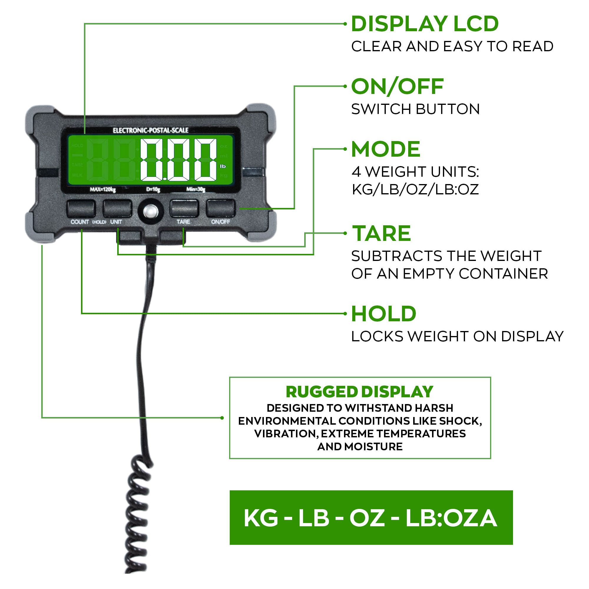 Denagram - Bilancia Industriale Pesa Pacchi 120Kg con Display LCD a Batteria e USB