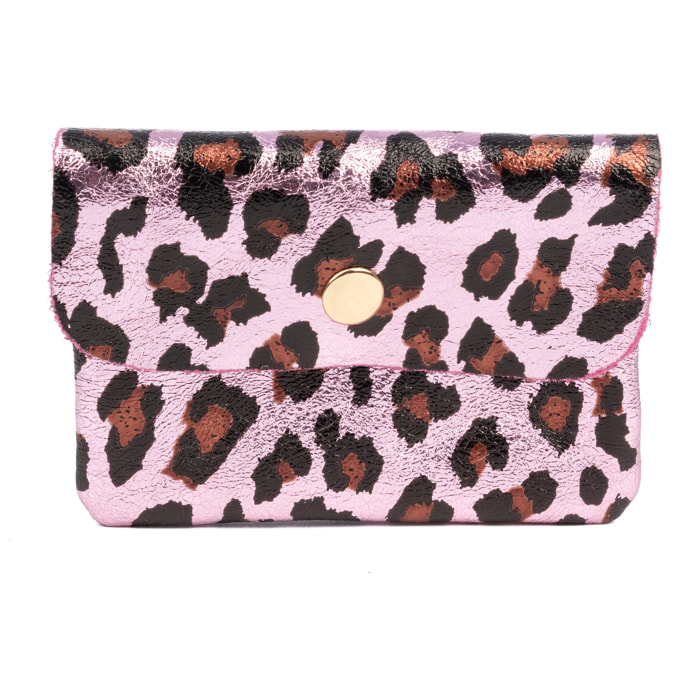 Alpignano portafoglio donna. Vera pelle scamosciata, design animalier leopardato, laccato lucido.