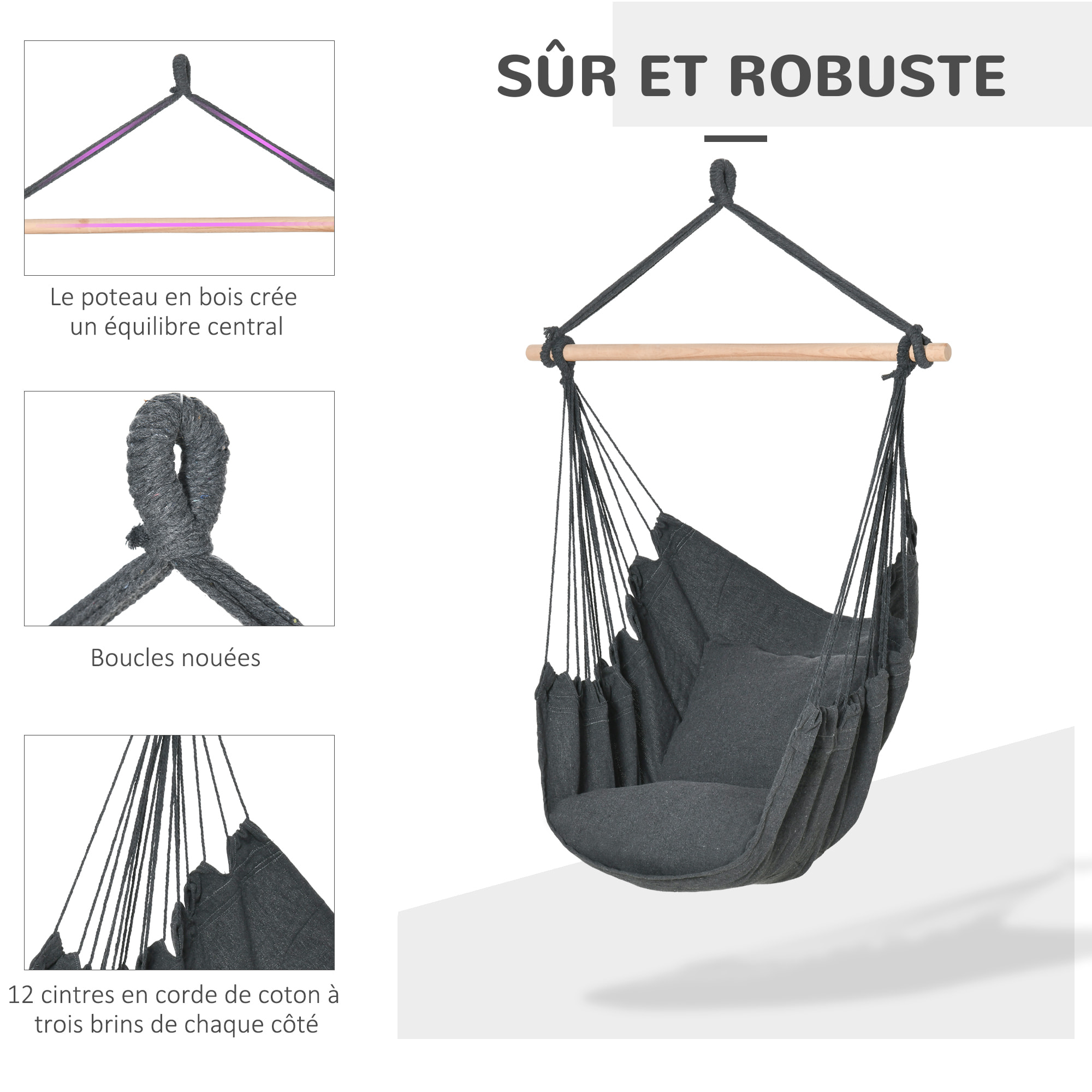 Chaise suspendue fauteuil suspendu chaise de détente coussins assise dossier coton polyester anthracite