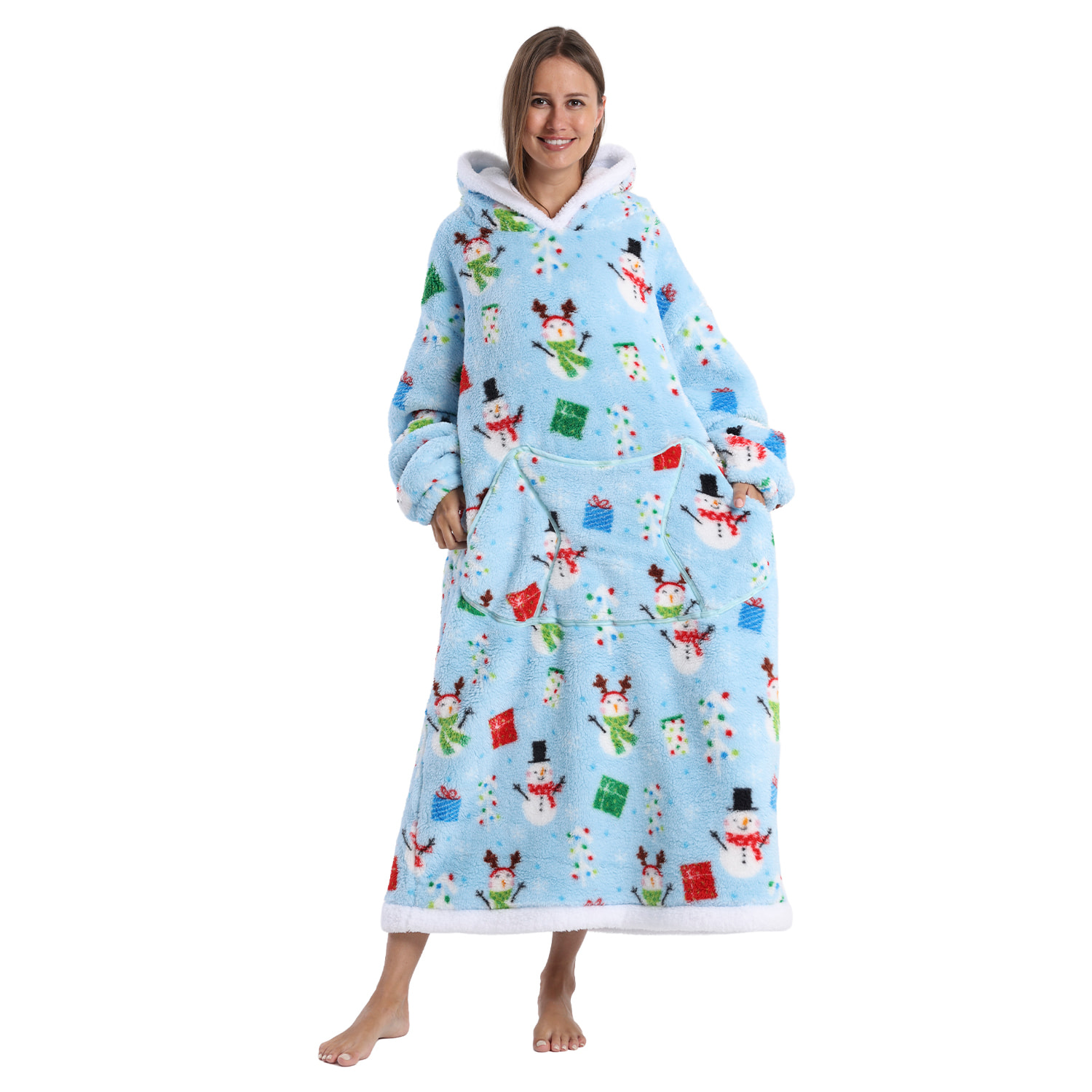 Robe stile felpa e coperta in peluche extra morbido. Triple tasca anteriore tipo kangaroo. Design natalizio blu tipo lungo.
