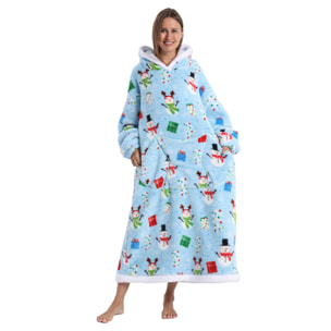 Robe stile felpa e coperta in peluche extra morbido. Triple tasca anteriore tipo kangaroo. Design natalizio blu tipo lungo.