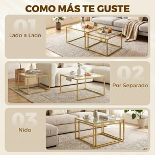 Set de 2 Mesas de Centro Cuadradas, Mesas Nido Modernas con Tablero de Vidrio Templado y Estructura Metálica, Ahorra Espacio, para Salón, Dormitorio u Oficina, 75x75x42 cm, Dorado