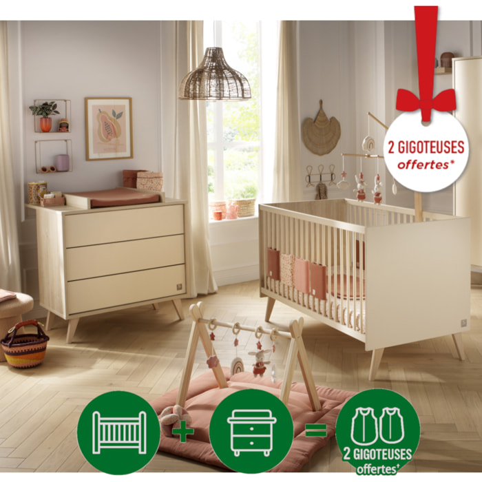 Chambre bébé évolutive Mélinée, Lit 140x70 évolutif et Commode à langer 3 tiroirs - Chêne sépia