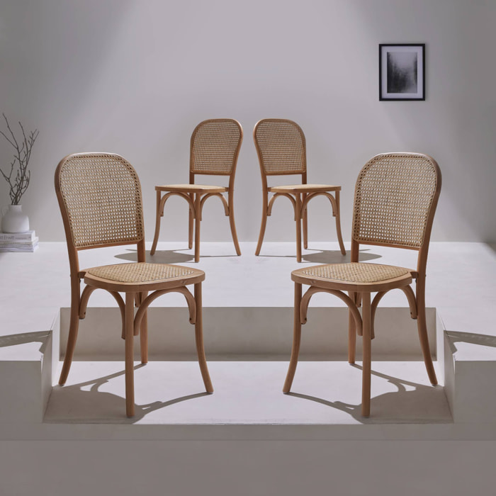 Lot de 4 chaises vintage en bois avec assise et dossier en rotin. coloris marron vieilli. L 44.5 x P 48 x H 89.5cm
