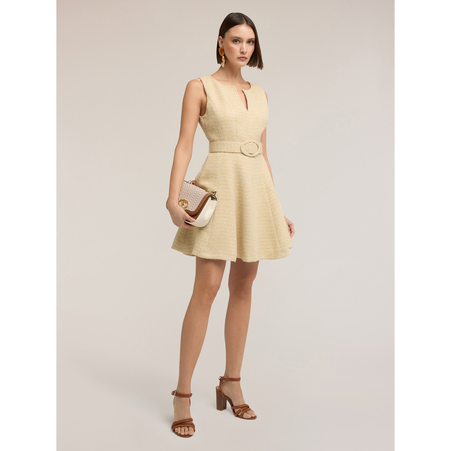 Motivi - Vestido flare en tejido bouclé con cinturón - Amarillo