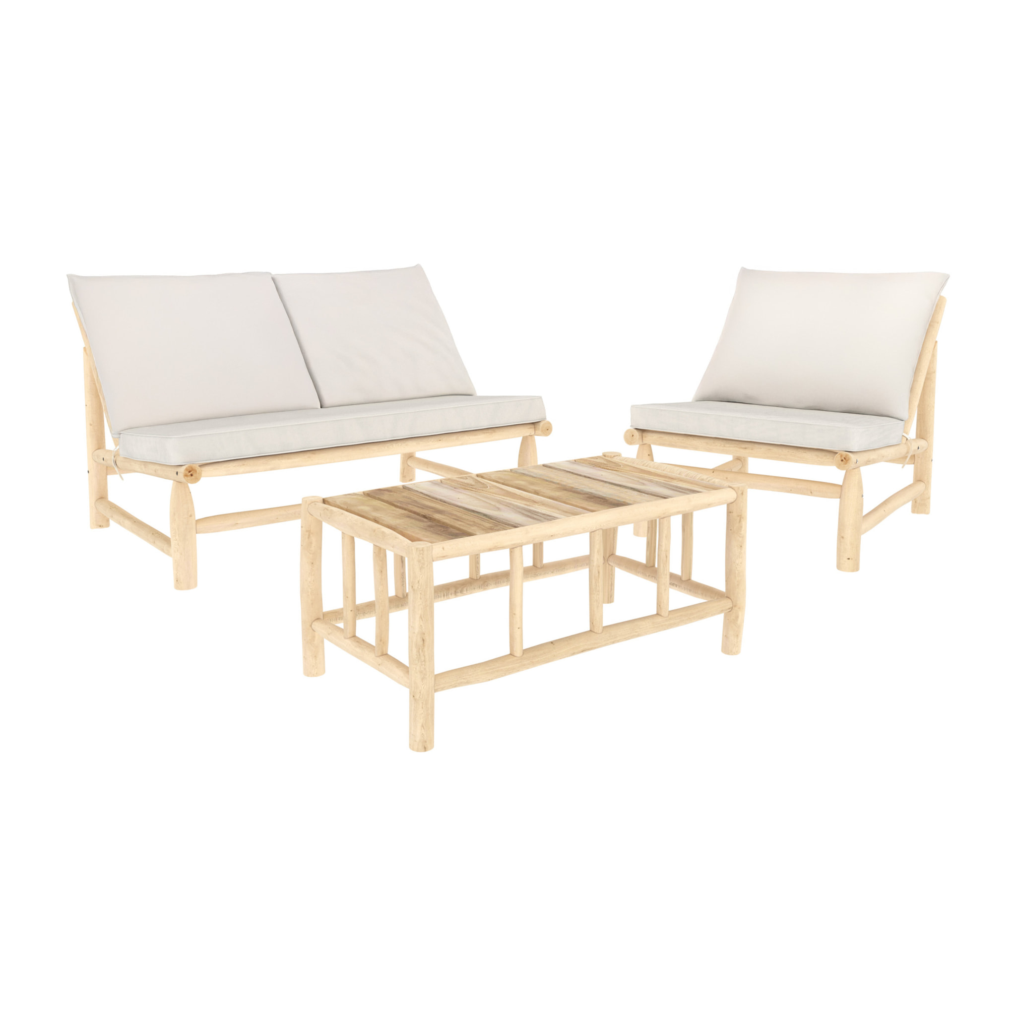 Salon de jardin 3 personnes en bois de teck massif et tissu  - Ily