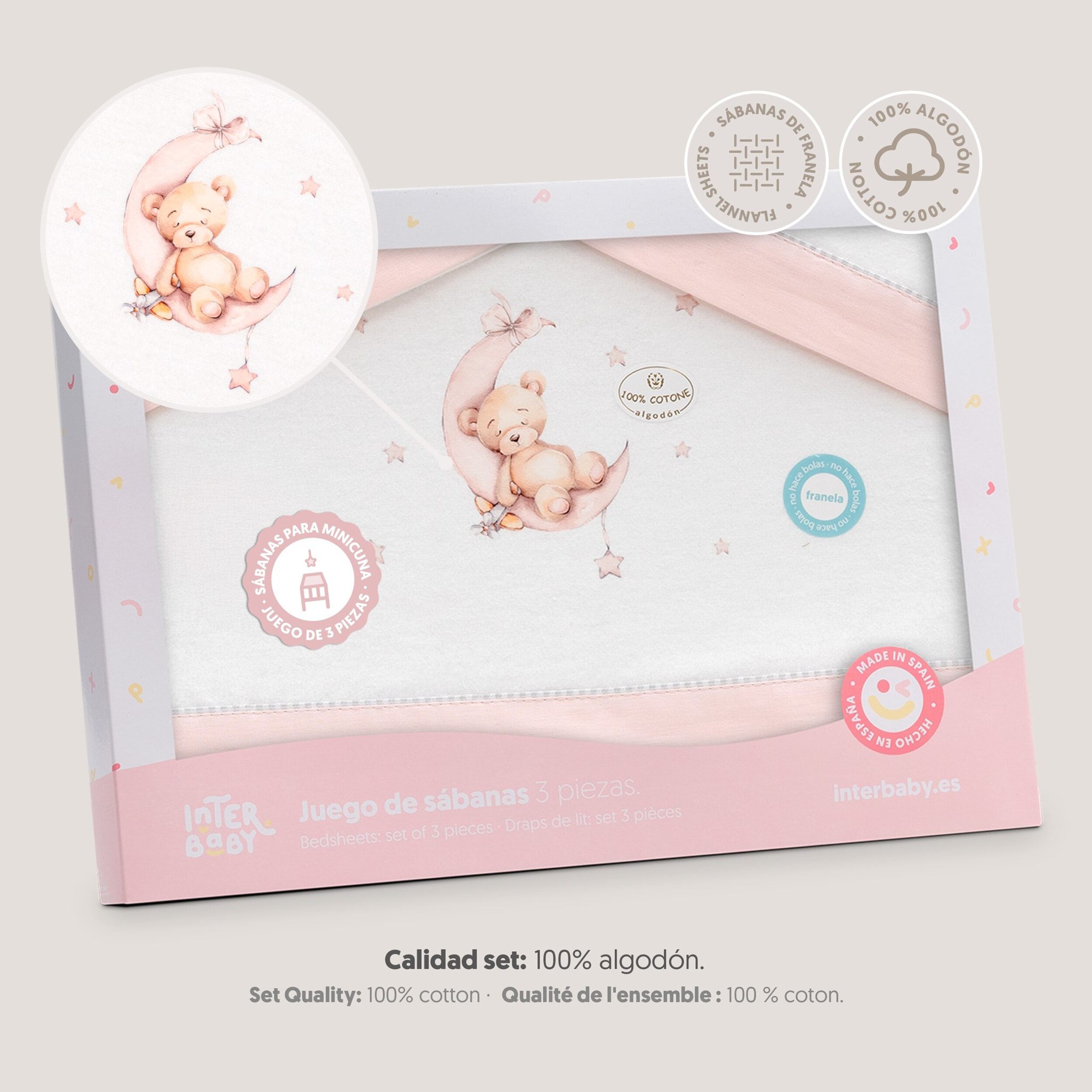 Triptico Minicuna Franela Estampado Oso Luna Estrellas Bco/Rosa