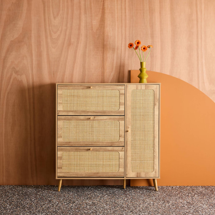 Meuble à chaussures décor bois et cannage 3 abattants 1 porte BOHÈME