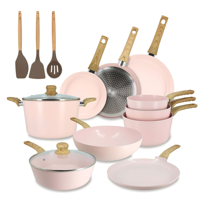 Batterie de cuisine 13 pièces en aluminium recyclé rose - tout feux COLORAMA