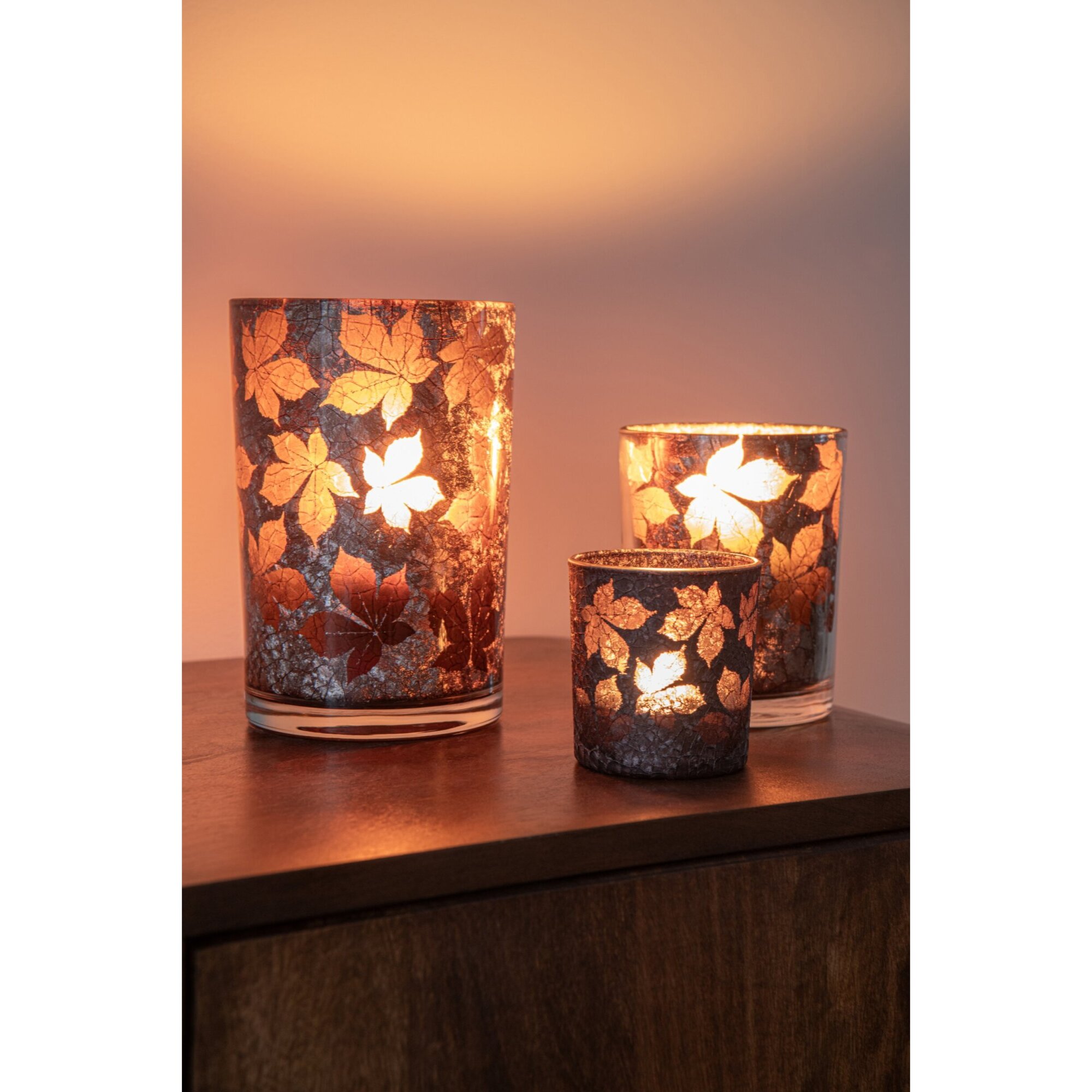J-Line photophore feuilles craquelé - verre - marron foncé/beige - large - assortiment de 2