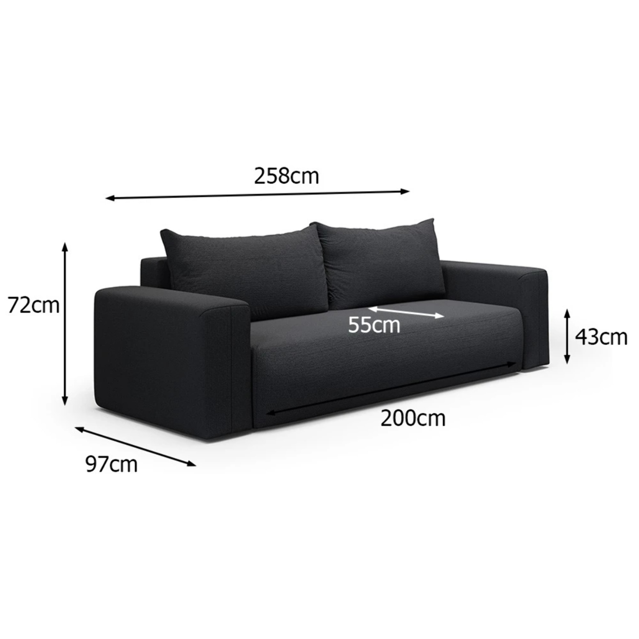 NALA - Canapé droit convertible droit 3 places en tissu gris foncé