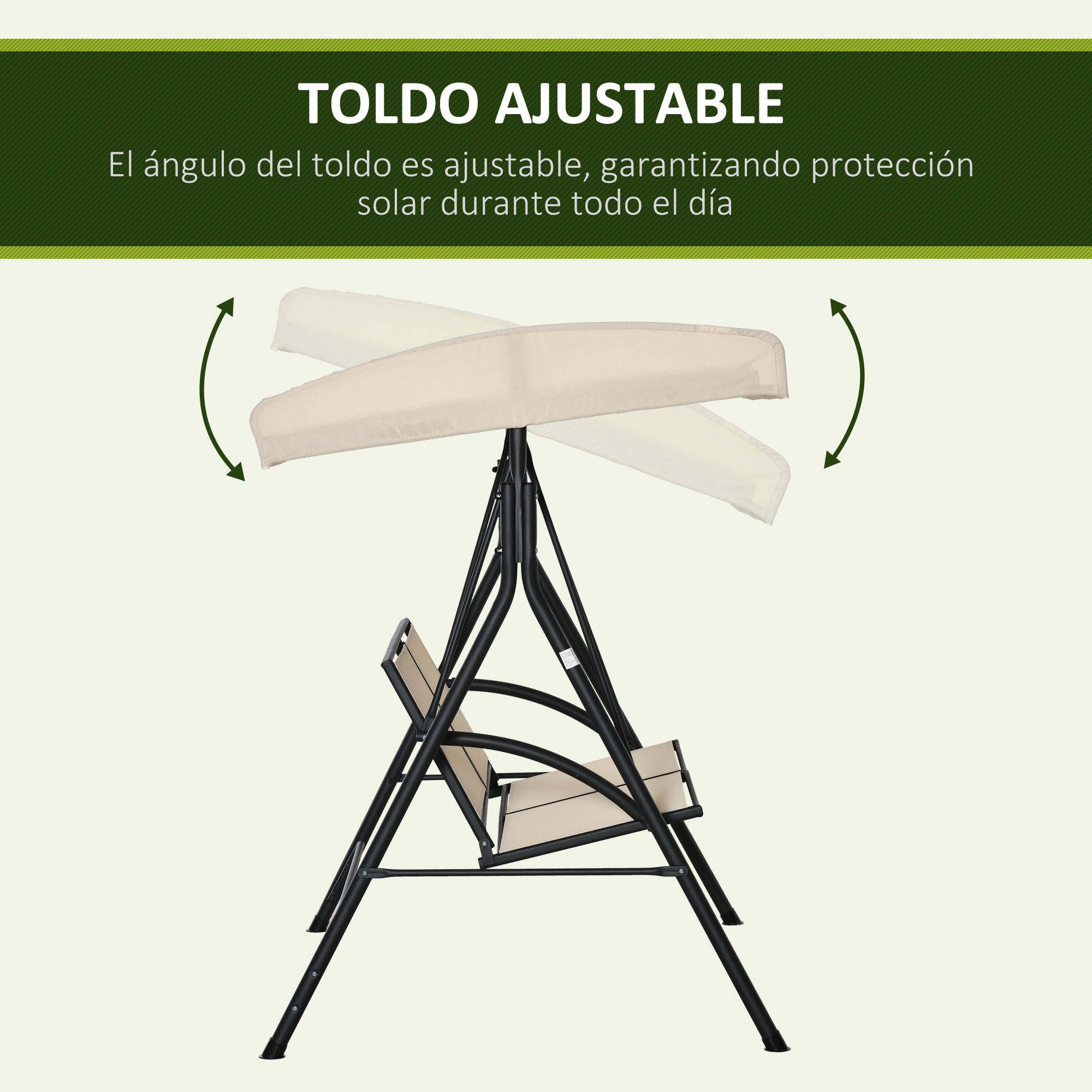 Columpio de Jardín Exterior de 2 Plazas, Balancín de Jardín Exterior con Techo Ajustable y Marco de Acero, Asientos de Textilene, para Balcón, Terraza, Carga 220 kg, 140x118x162 cm, Beige