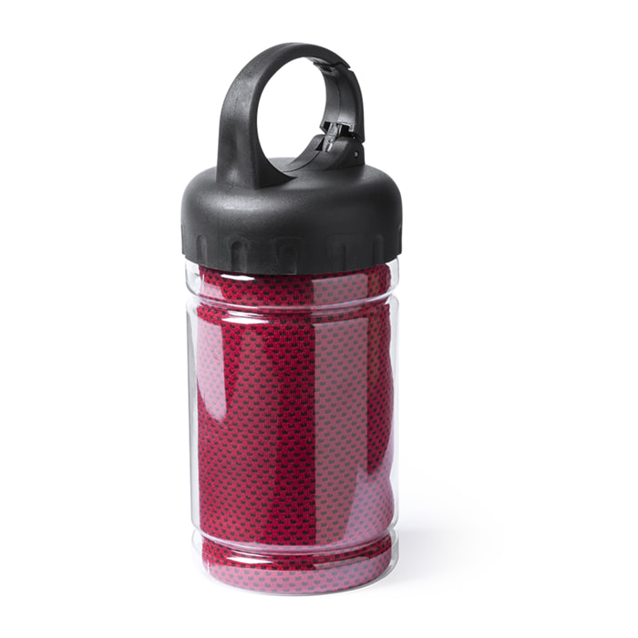 Asciugamano Rikat di 90x30cm in materiale refrigerante SoftCool Extreme con protezione UV50. Di 160g/m2. Custodia da trasporto con manico e moschettone.