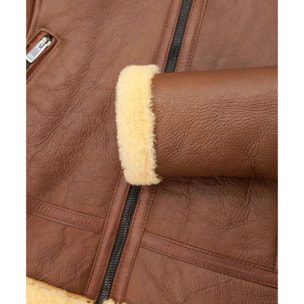 Montone shearling cuoio con fibbie e cerniera centrale