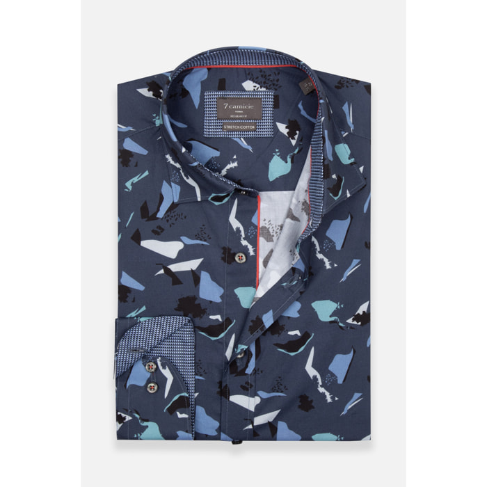 Camicia Uomo Kent Regular Fit Popeline Stretch Stampato Blu/Grigio Chiaro