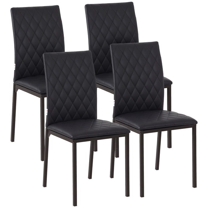 Pack de 4 Sillas de Comedor, Sillas de Cocinas Modernas, Respaldo Alto con Costuras Decorativas de Diamantes, Tapizadas en Cuero Sintético, Patas de Acero, Negro