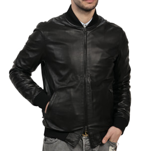 Giubbino in vera pelle di vitello Nero-Slim Fit