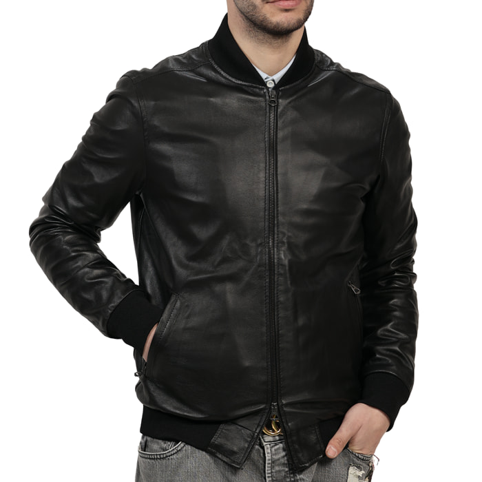 Giubbino in vera pelle di vitello Nero-Slim Fit