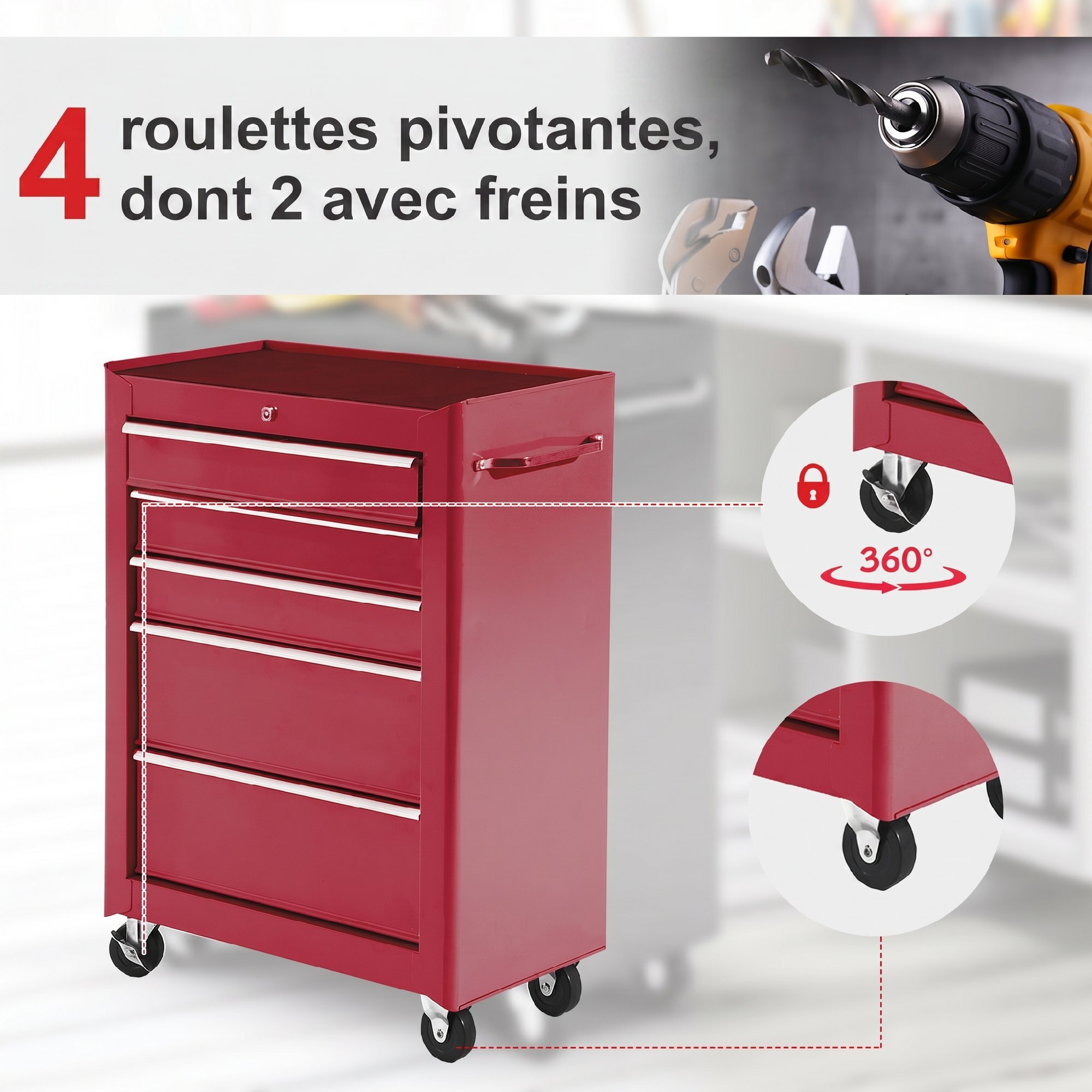 Servante d'atelier 5 tiroirs verrouillables 2 clés tôle d'acier rouge